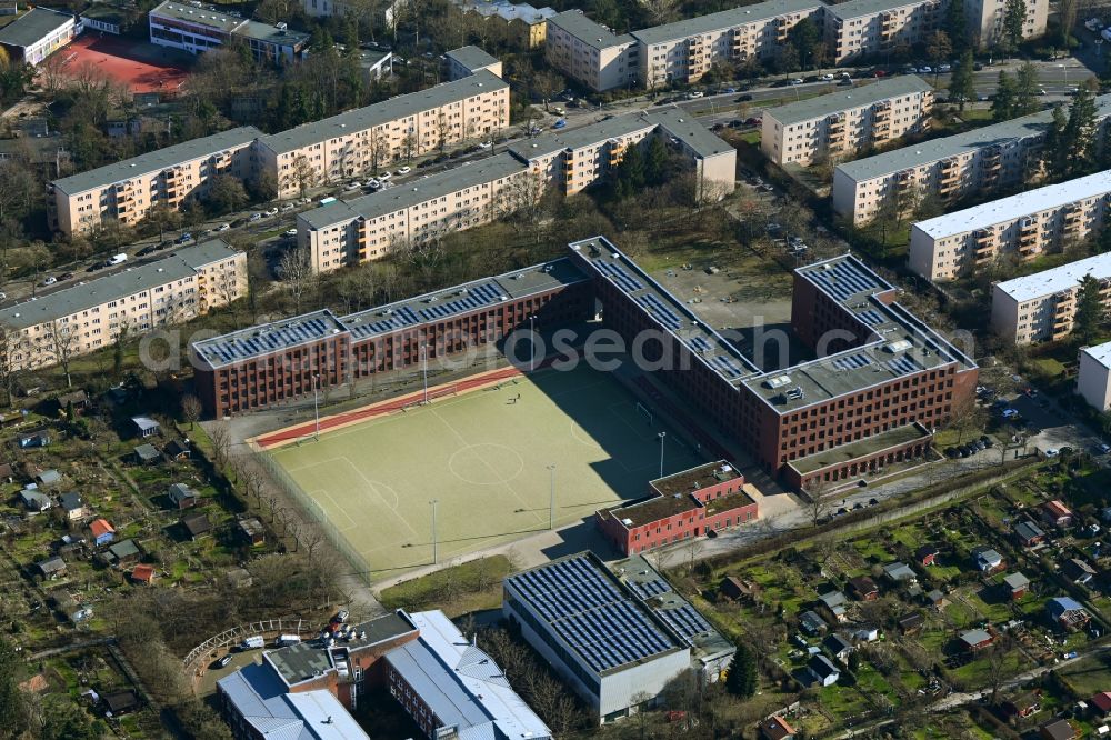 Berlin from above - School building and sports field Wilhelm-Ostwald-Schule Oberstufenzentrum on street Immenweg in the district Steglitz in Berlin, Germany