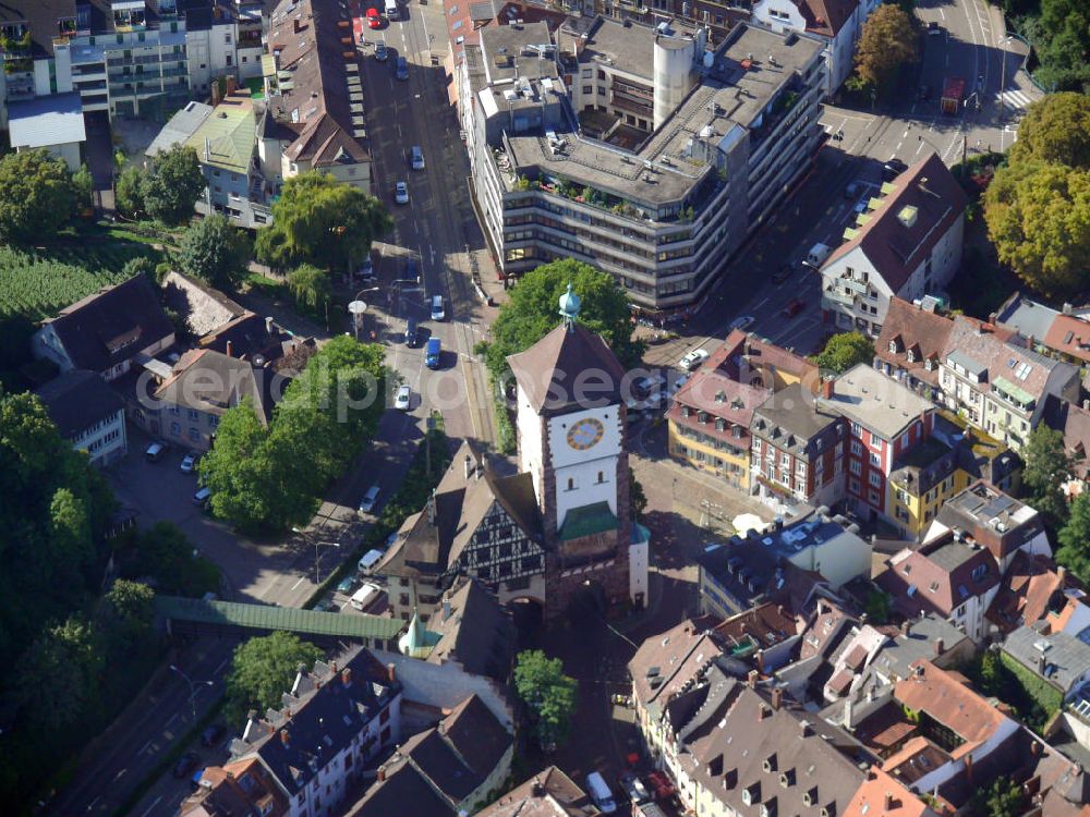 Freiburg im Breisgau from above - Das Schwabentor in der Altstadt von Freiburg, Baden-Württemberg. Es diente im Mittelalter als Stadttor der Stadtbefestigung. The Schwabentor in the historic city of Freiburg, Baden-Wuerttemberg. It served as a city gate of the city fortification in the dark age.