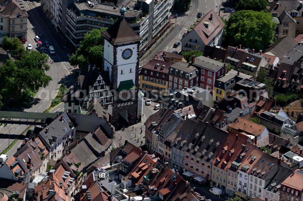 Freiburg im Breisgau from above - The city center and old town with cathedral in the downtown area in Freiburg im Breisgau in the state Baden-Wurttemberg, Germany