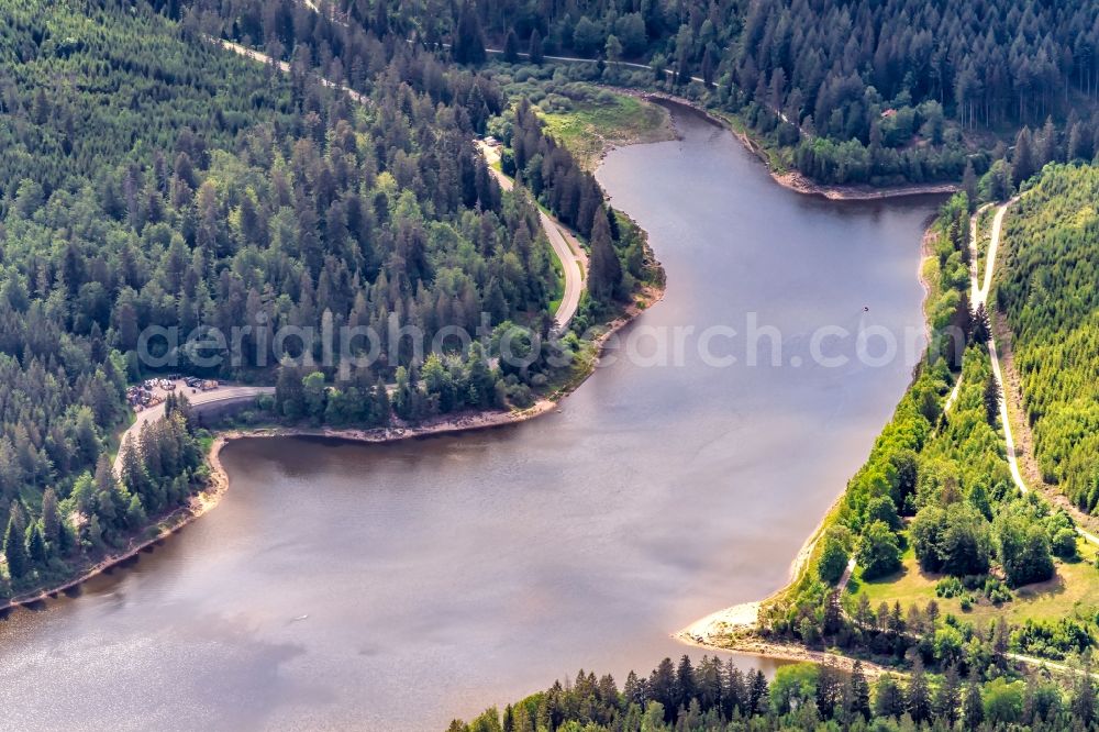 Forbach from above - Dam and shore areas at the lake Schwarzenbach-Talsperre in Forbach in the state Baden-Wurttemberg, Germany