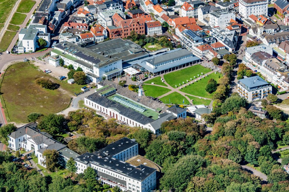 Aerial image Norderney - Swimming pool building Badehaus at the Kurpark in Norderney in the state Lower Saxony, Germany