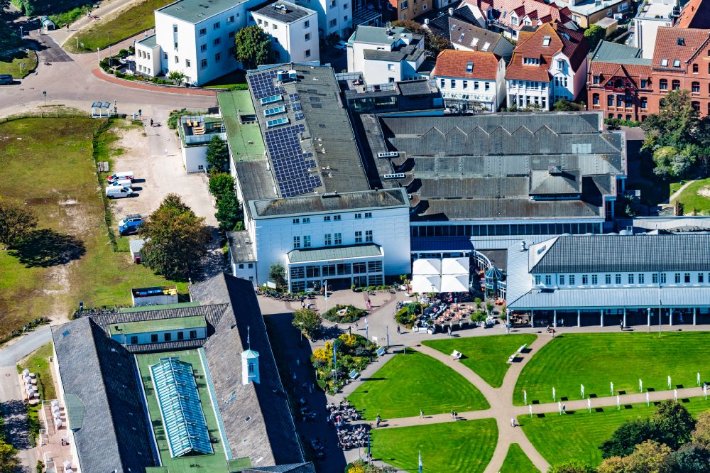 Norderney from above - Swimming pool building Badehaus at the Kurpark in Norderney in the state Lower Saxony, Germany