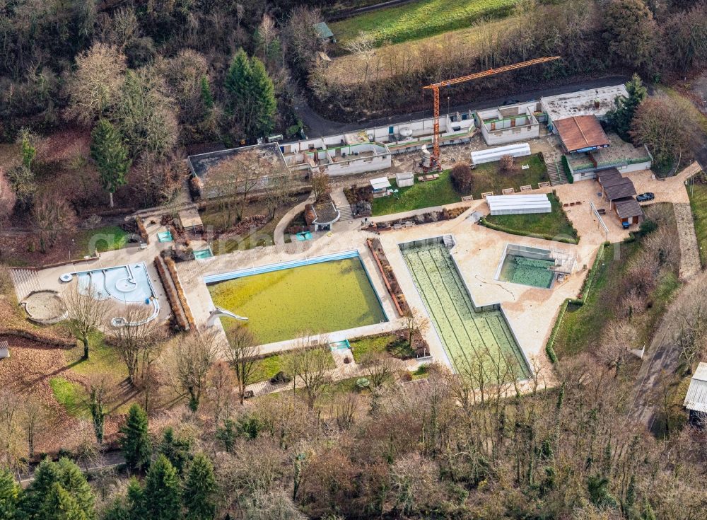 Herbolzheim from above - Swimming pool of the and Bauarbeiten of Umkleidebereich in Herbolzheim in the state Baden-Wuerttemberg, Germany