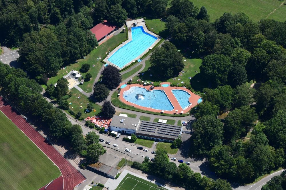 Bad Säckingen from above - Swimming pool of the Waldbad in Bad Saeckingen in the state Baden-Wurttemberg, Germany
