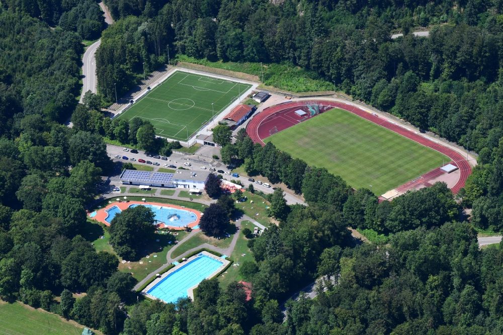 Bad Säckingen from above - Swimming pool of the Waldbad and sports fields with artificial Turf in Bad Saeckingen in the state Baden-Wurttemberg, Germany