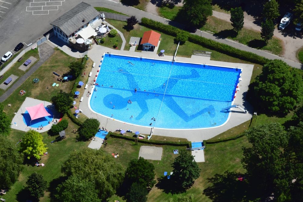 Waldshut-Tiengen from above - Swimming pool at the bank of river Rhine in Waldshut-Tiengen in the state Baden-Wuerttemberg, Germany