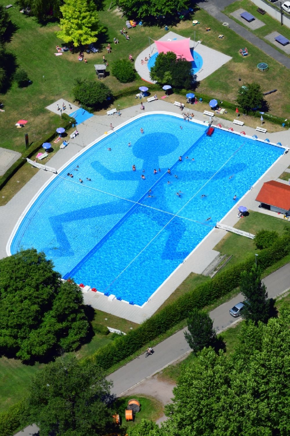 Waldshut-Tiengen from above - Swimming pool at the bank of river Rhine in Waldshut-Tiengen in the state Baden-Wuerttemberg, Germany