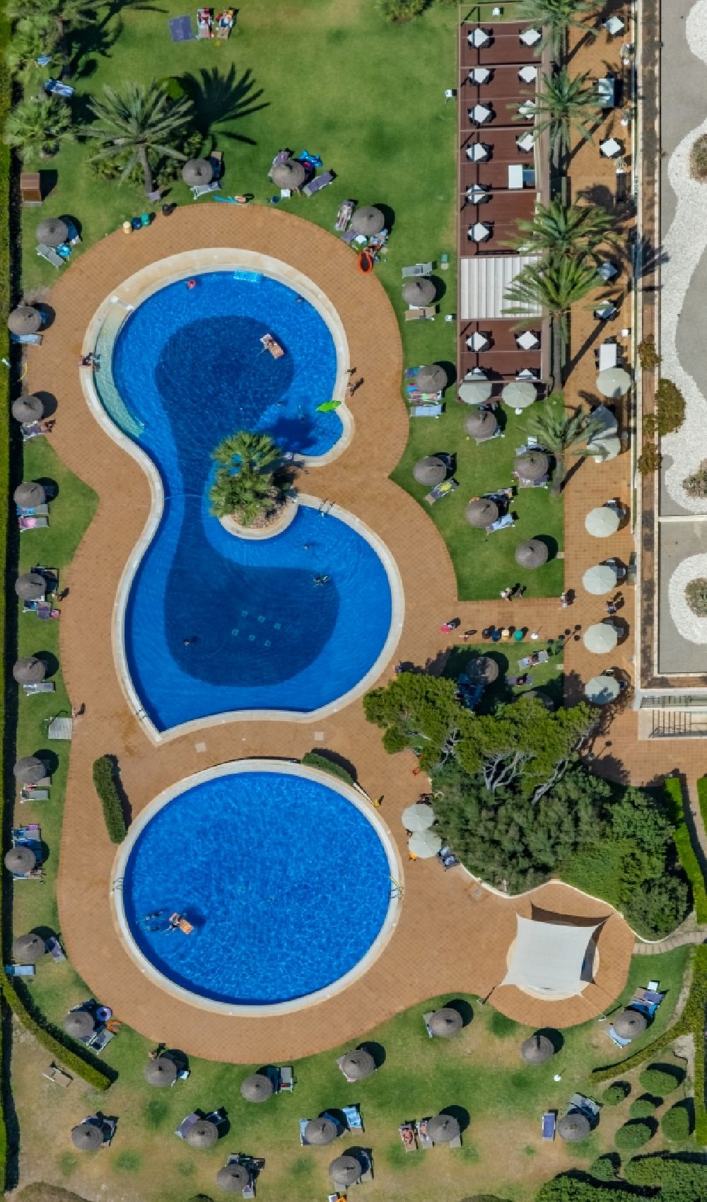 Aerial image Muro - Refreshing swim in the blue pool - swimming pool of Hotels Grupotel Natura Playa on Playas de Muro in Muro in Balearic island of Mallorca, Spain