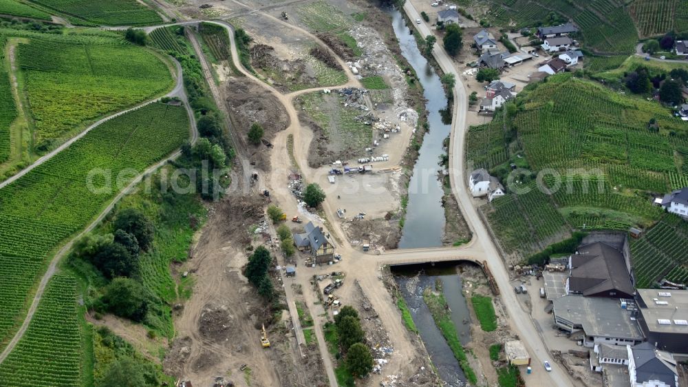 Mayschoß from above - Southern area of Mayschoss with train station after the flood disaster in the Ahr valley this year in the state Rhineland-Palatinate, Germany