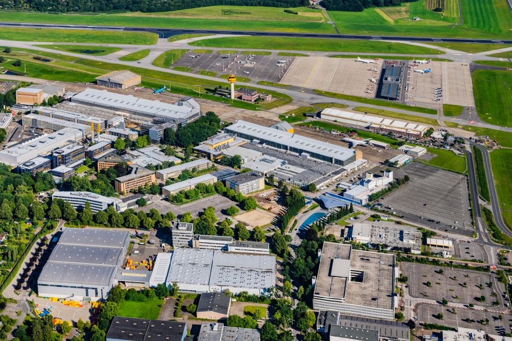 Aerial image Hamburg - Industrial estate and company settlement Flughafen Fuhlsbuettel in Hamburg, Germany