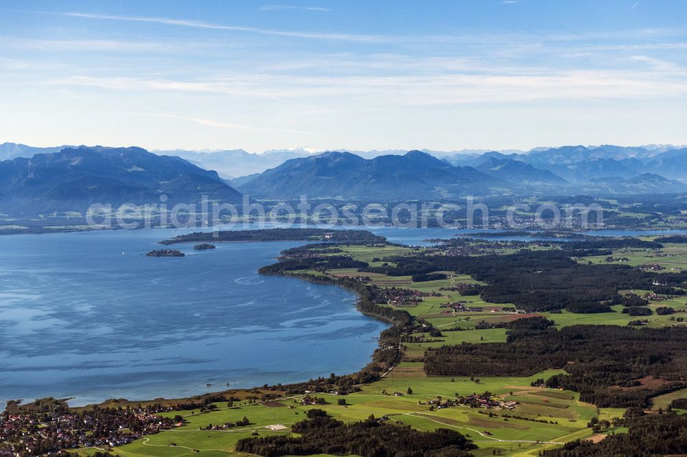 Seeon-Seebruck from the bird's eye view: Lake Island of Chiemsee with Blick in die Chiemgauer Alpen in Seeon-Seebruck in the state Bavaria, Germany