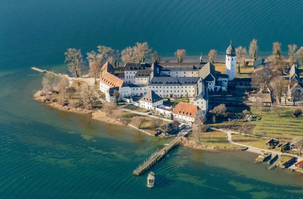 Chiemsee from above - Lake Island der Frauerninsel with dem Kloster of Abtei Frauenwoerth on street Frauenchiemsee in Chiemsee in the state Bavaria, Germany