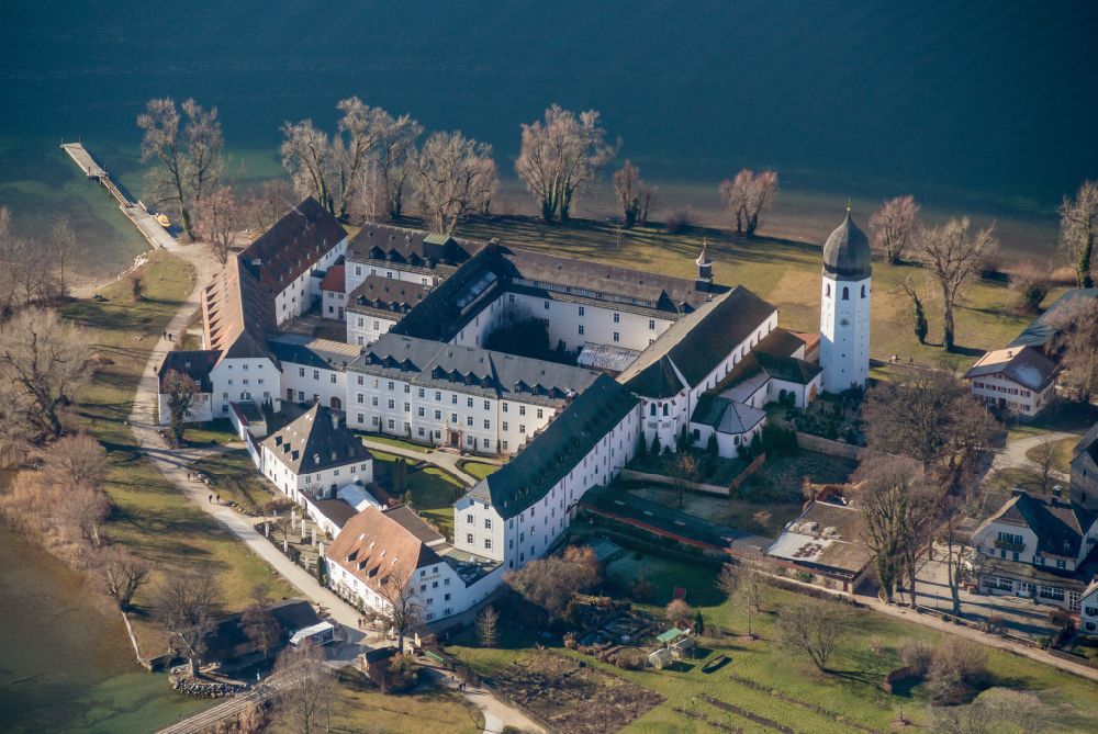 Aerial image Chiemsee - Lake Island der Frauerninsel with dem Kloster of Abtei Frauenwoerth on street Frauenchiemsee in Chiemsee in the state Bavaria, Germany