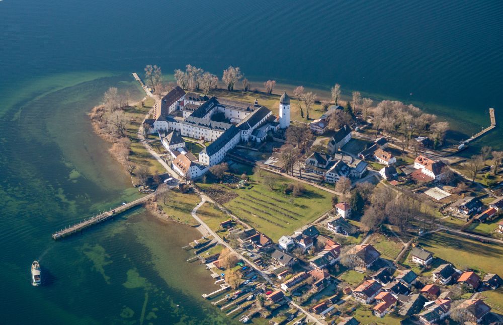 Aerial photograph Chiemsee - Lake Island der Frauerninsel with dem Kloster of Abtei Frauenwoerth on street Frauenchiemsee in Chiemsee in the state Bavaria, Germany