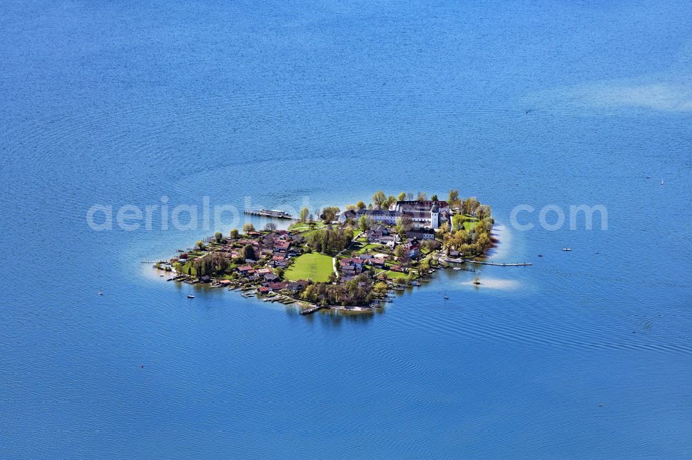 Chiemsee from above - Lake Island der Frauerninsel with dem Kloster of Abtei Frauenwoerth on street Frauenchiemsee in Chiemsee in the state Bavaria, Germany