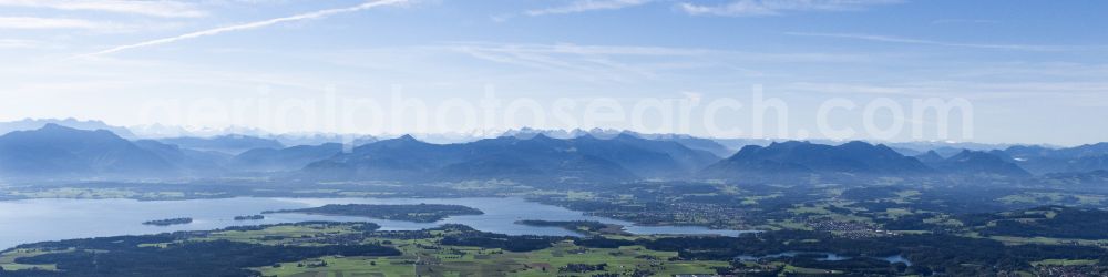Aerial photograph Chiemsee - Lake Island with Panoramablick auf die Alpen ueber den Chiemsee in Chiemsee in the state Bavaria, Germany