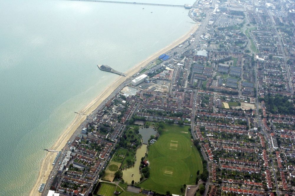 Southend-on-Sea from the bird's eye view: Seaside resort of Southend on Sea in Essex, England. View of the coastlineon the north bank of the Thames Estuary