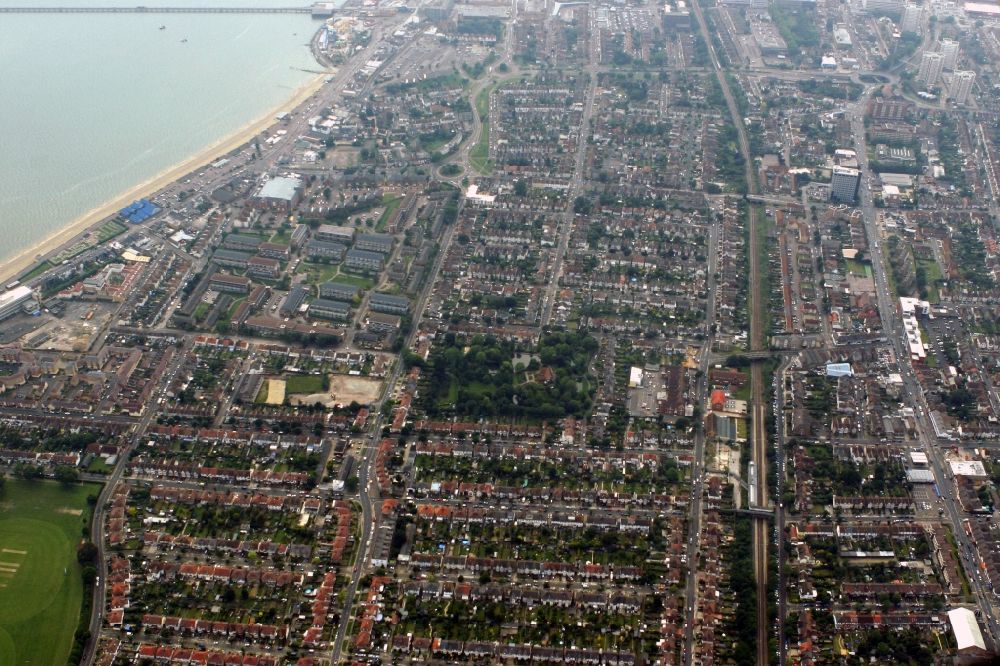 Southend-on-Sea from above - Seaside resort of Southend on Sea in Essex, England. View of the coastlineon the north bank of the Thames Estuary