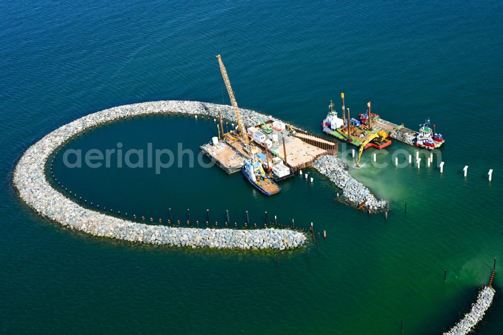 Aerial photograph Prerow - Construction site for the new construction of a pier for crossing the coastal water and connecting the island port on the Baltic Sea in Prerow in the state Mecklenburg-West Pomerania, Germany