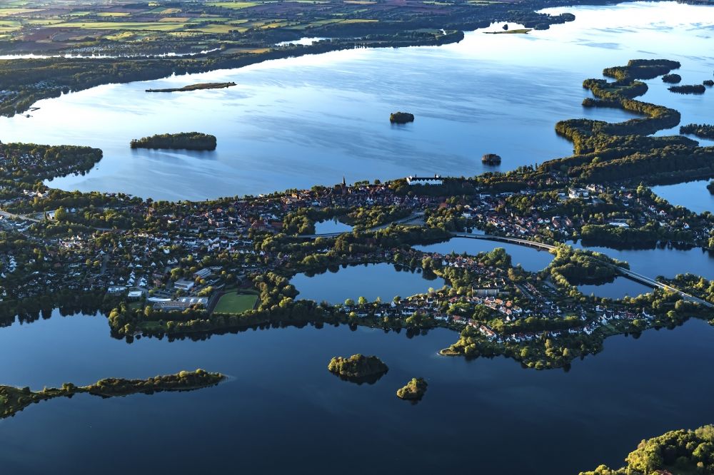 Plön from above - Waterfront landscape on the lake Ploener Sees in Ploen in the Holsteinische Schweiz in the state Schleswig-Holstein, Germany