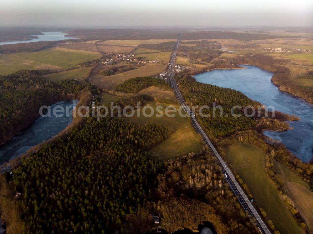 Aerial photograph Schorfheide - Waterfront landscape on the lake Uedersee, Grosser Buckowsee and Werbellinsee in Schorfheide in the state Brandenburg, Germany