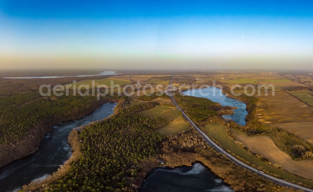 Schorfheide from the bird's eye view: Waterfront landscape on the lake Uedersee, Kleiner Buckowsee, Grosser Buckowsee and Werbellinsee in Schorfheide at Schorfheide in the state Brandenburg, Germany