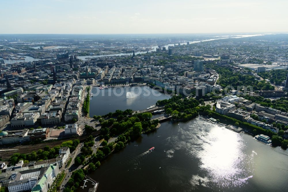 Hamburg from above - Waterfront landscape on the lake Aussenalster - Binnenalster in Hamburg, Germany