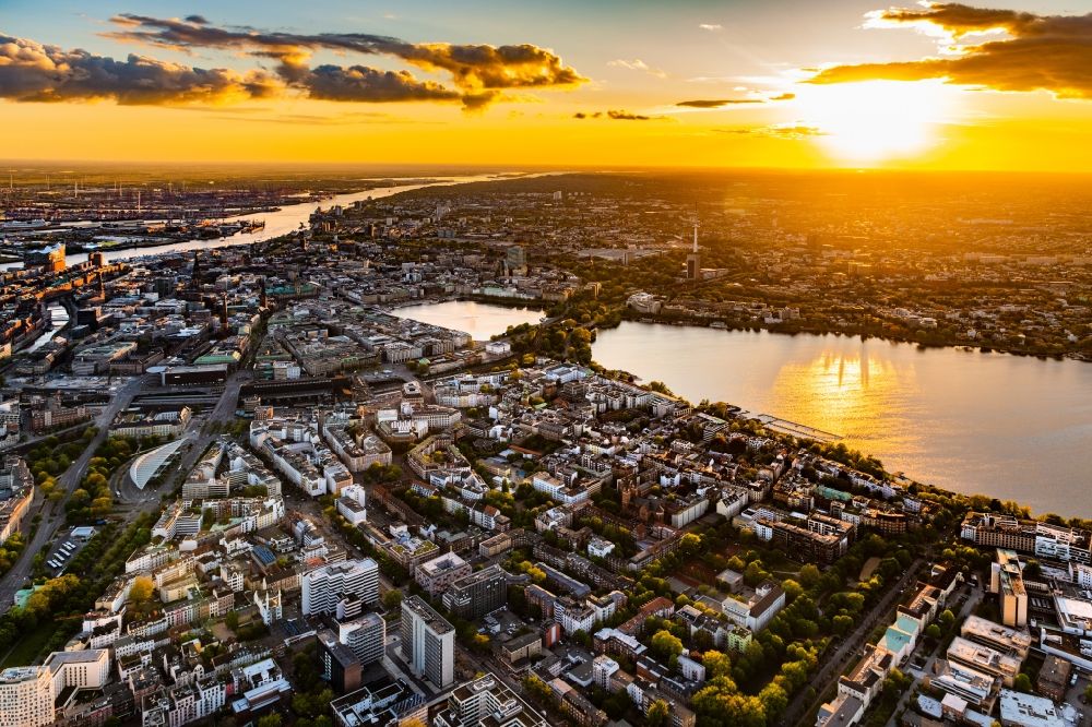 Hamburg from above - Waterfront landscape on the lake Aussenalster - Binnenalster in Hamburg, Germany
