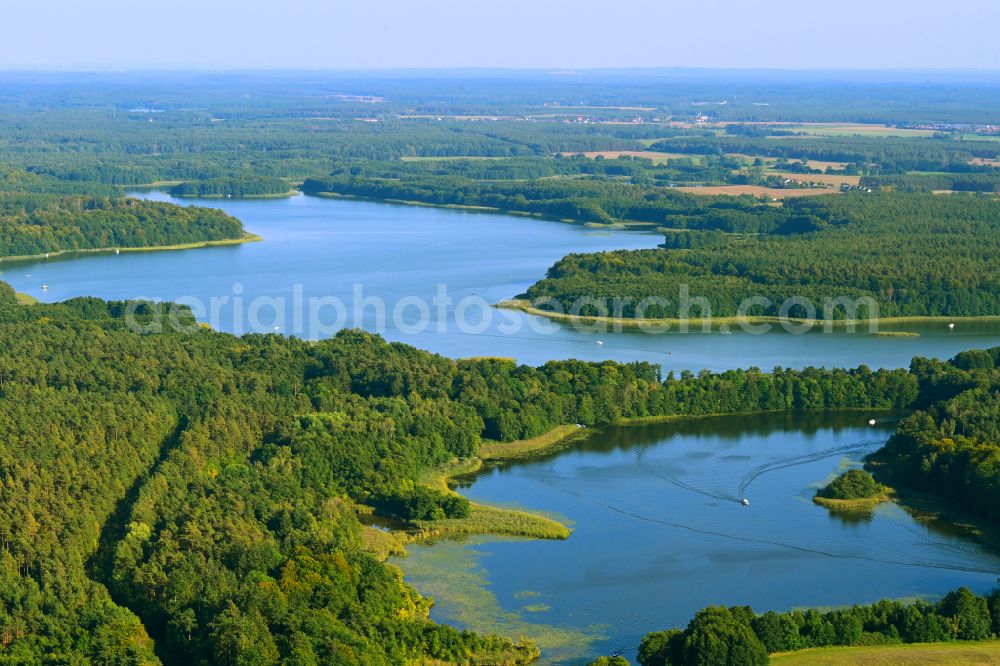 Templin from above - Waterfront landscape on the lake Bruchsee - Faehrsee on street Faehrkrug in Templin in the state Brandenburg, Germany