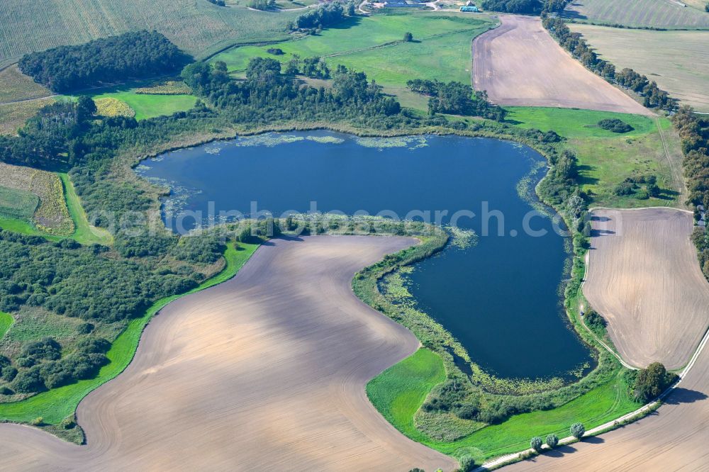 Aerial image Dobberzin - Waterfront landscape on the lake Dobberzinersee in Dobberzin in the state Brandenburg, Germany