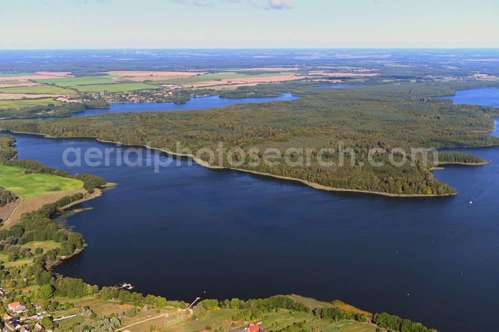 Fleeth from above - Waterfront landscape on the lake Vilzsee - Moessensee in Fleeth in the state Mecklenburg - Western Pomerania, Germany