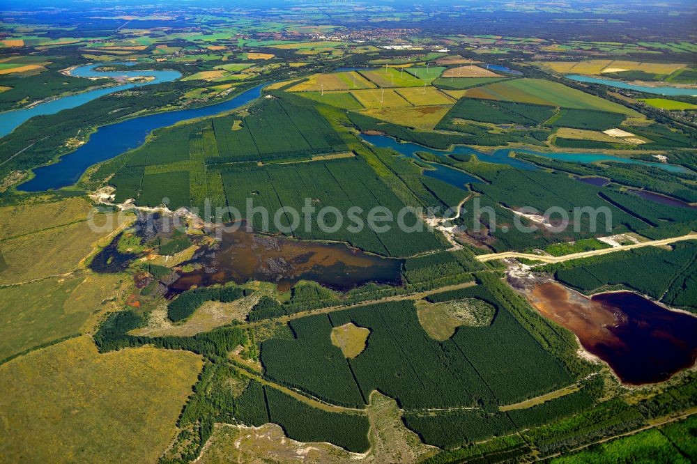 Zinnitz from the bird's eye view: Post-mining landscape on the areas of the renatured former opencast mine in Zinnitz at Spreewald in the state Brandenburg, Germany