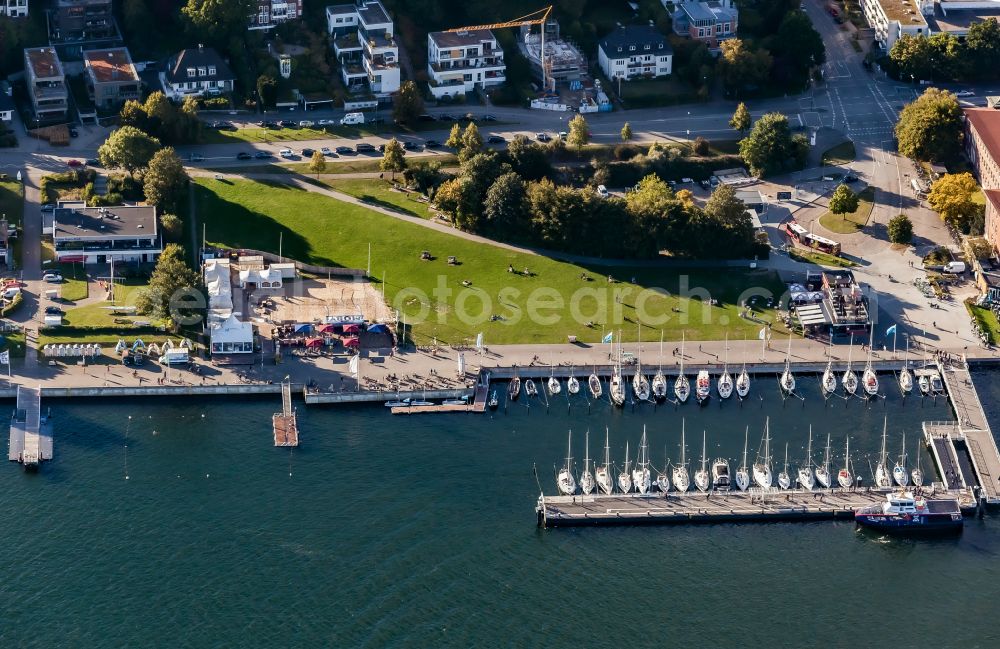 Kiel from the bird's eye view: Sailing camp in Kiel in the state Schleswig-Holstein, Germany. The sailing project Camp 24/7 is a sports facility with a maritime focus on sailing and is open annually in the summer months on the promenade - Kiellinie
