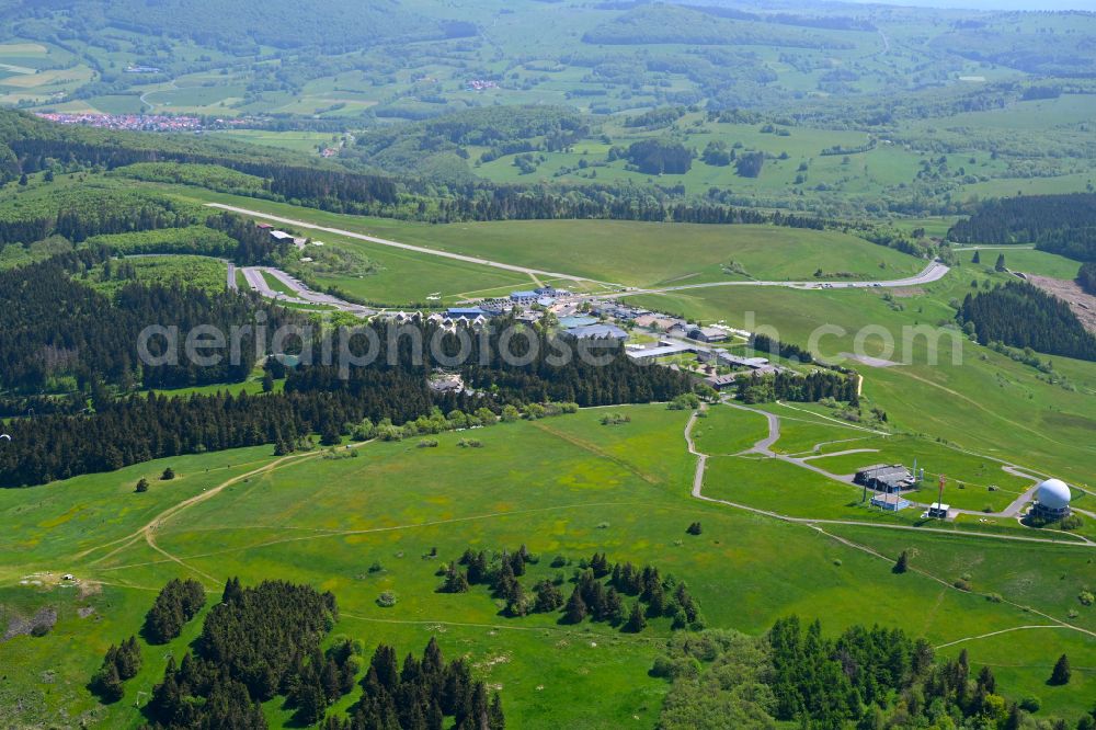 Gersfeld (Rhön) from above - Gliding field on the airfield of Wasserkuppe in Gersfeld (Rhoen) at the Rhoen in the state Hesse, Germany