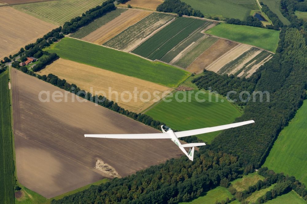 Aerial photograph Agathenburg - Glider ASW 20 flying above meadows and fields near Stade in the state Lower Saxony, Germany