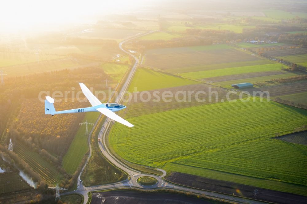 Agathenburg from above - Glider above the traffic management of the roundabout road in Agathenburg in the state Lower Saxony, Germany