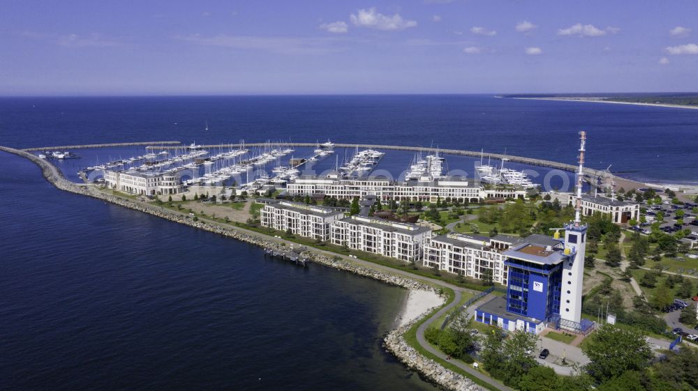 Rostock from above - Complex of buildings of the hotel arrangement Yacht harbour residence high dune in the district Warnemuende in Rostock Warnemuende in the federal state Mecklenburg-West Pomerania, Germany