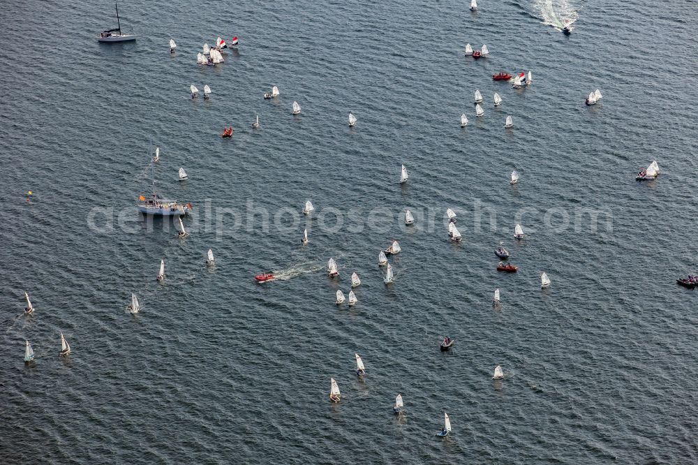 Glücksburg from the bird's eye view: Regatta - participants with sailing boats on the Flensburg Fjord in Gluecksburg in the state Schleswig-Holstein, Germany