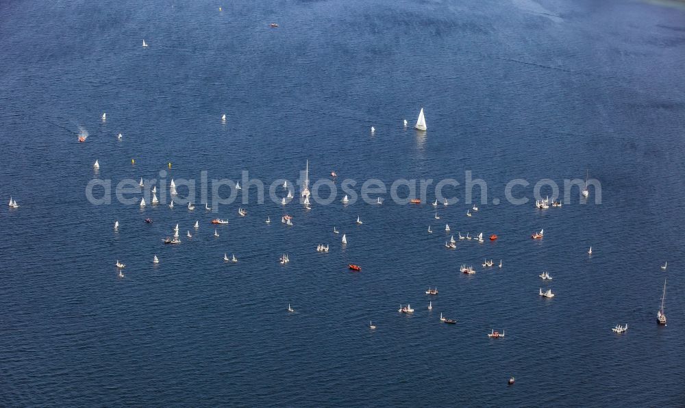 Aerial image Glücksburg - Regatta - participants with sailing boats on the Flensburg Fjord in Gluecksburg in the state Schleswig-Holstein, Germany
