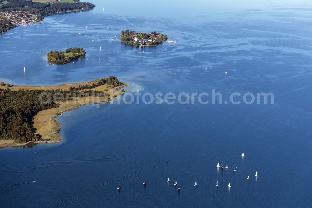 Aerial photograph Chiemsee - Sailboat under way on Chiemsee in the state Bavaria, Germany
