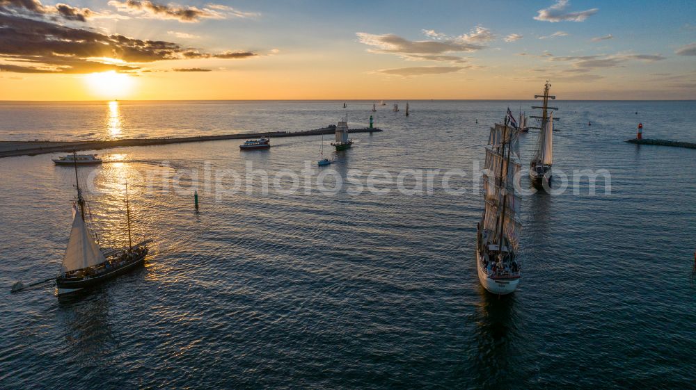 Rostock from the bird's eye view: Sailboat under way auf of Ostee to the Hanse Sail in Rostock at the baltic sea coast in the state Mecklenburg - Western Pomerania, Germany