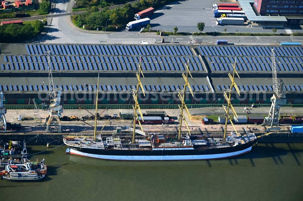 Aerial image Hamburg - Sailing ship and four-masted barque a??Pekinga?? in the port of Kleiner Grasbrook, Shed 50 in Hamburg, Germany