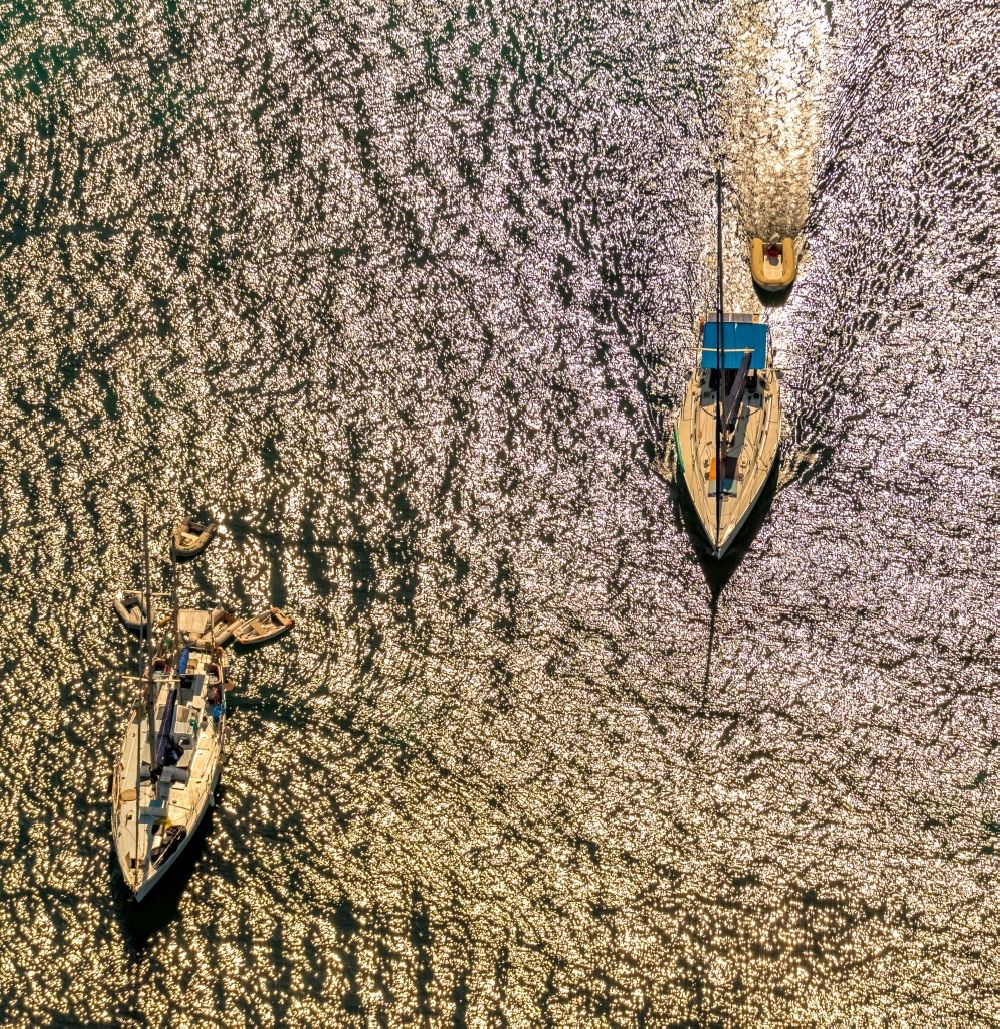 Aerial image Soller - Sailboats in the bay in Soller in Balearic island of Mallorca, Spain