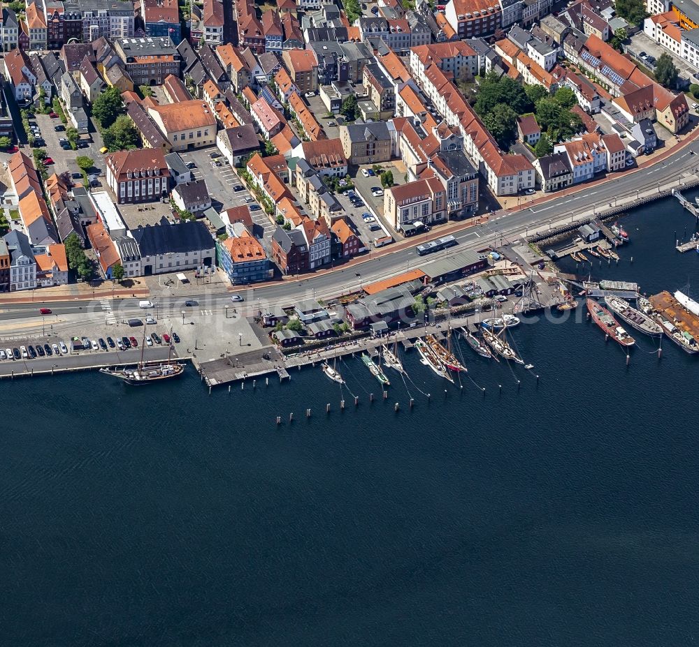 Aerial image Flensburg - Sailing ships in the museum harbour in Flensburg in the federal state Schleswig-Holstein, Germany