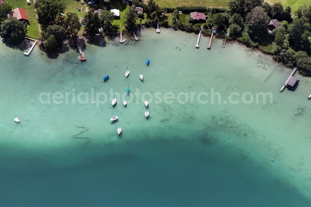 Aerial image Inning am Ammersee - Sailboat on Woerthsee on Boje in the harbor in Woerthsee in the state Bavaria, Germany