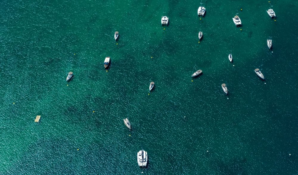 Felanitx from above - Sailboats and yachts in the harbor in Portocolom in Balearic island of Mallorca, Spain