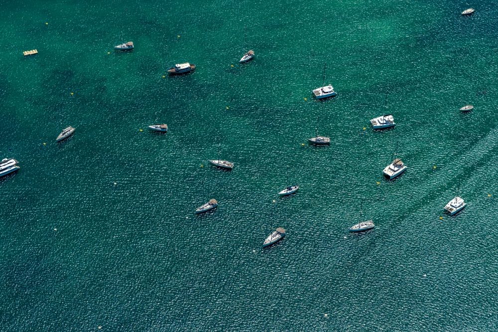 Felanitx from the bird's eye view: Sailboats and yachts in the harbor in Portocolom in Balearic island of Mallorca, Spain