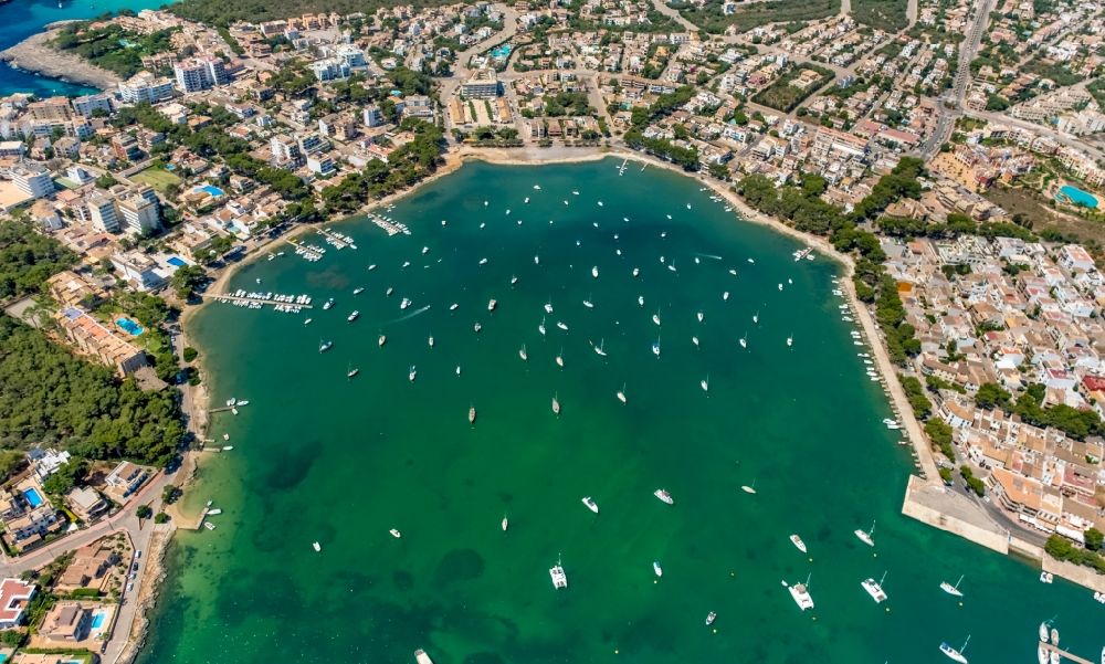 Aerial photograph Felanitx - Sailboats and yachts in the harbor in Portocolom in Balearic island of Mallorca, Spain