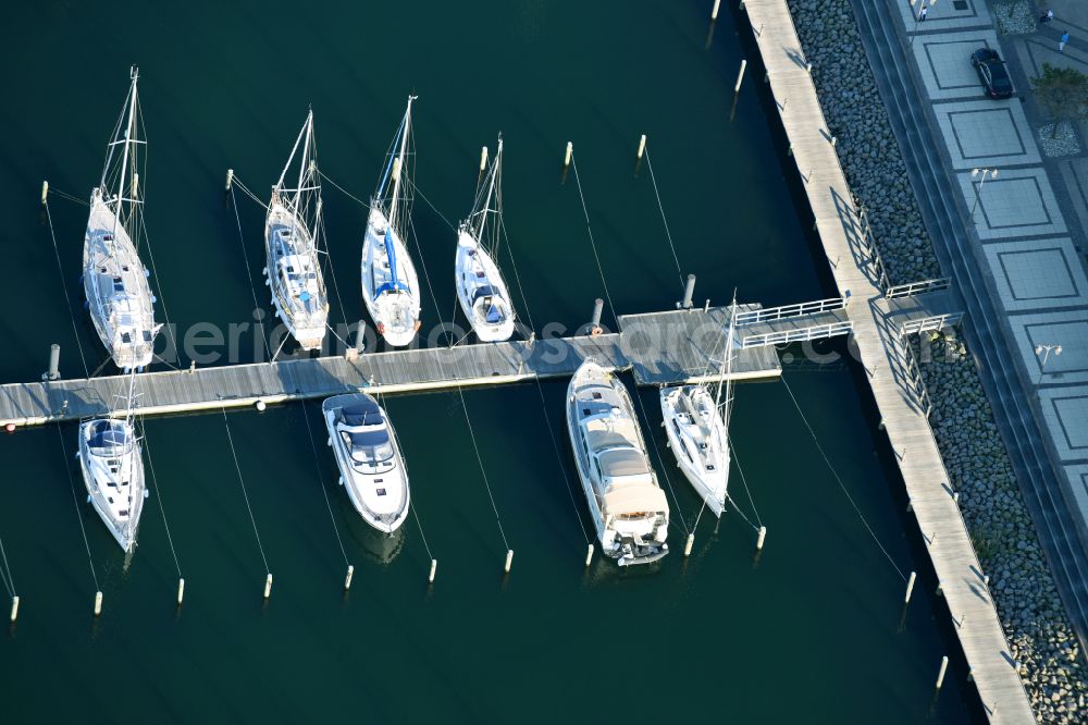 Aerial image Warnemünde - Sailing ships in the harbour Hohe Duene in Warnemuende in the federal state Mecklenburg-West Pomerania, Germany