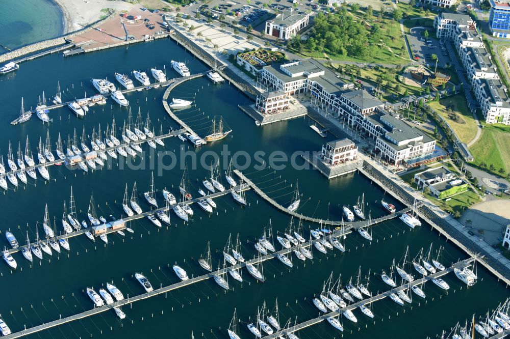 Aerial image Warnemünde - Sailing ships in the harbour Hohe Duene in Warnemuende in the federal state Mecklenburg-West Pomerania, Germany